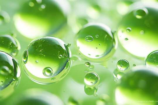 clear liquid ionic water droplets, in the style of green academia, smooth surfaces, sustainable design, process-oriented, fisheye effects