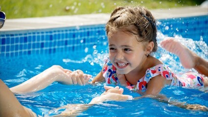 Little girl in sunglasses learning to swim in a pool with her mother