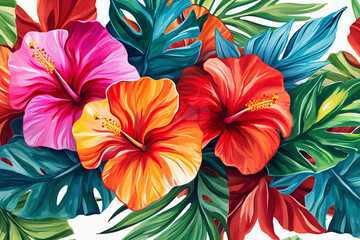 watercolor-style illustration of tropical leaves and hibiscus patterns. Colorful and pop.