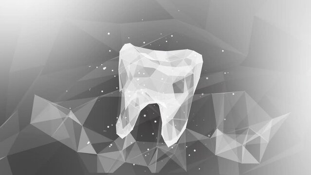3D model of tooth from polygonal lines and triangles. Dental white abstract background with glowing dots and lines. Looped. Wireframe low poly style banner.