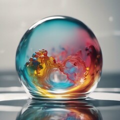 crystal ball with colorful bubbles on the glass table, close up. Generated by AI