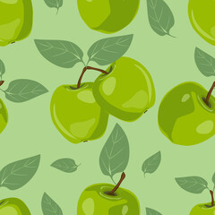Green apples, seamless pattern. Pattern with leaves and apples. fruits