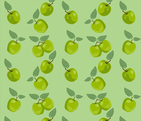 Green apples, seamless pattern. Pattern with leaves and apples. fruits
