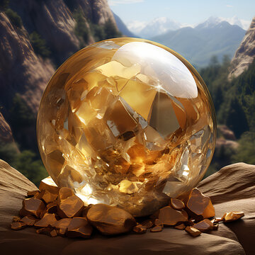 A glass ball filled inside with gold colored stones