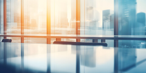 Fototapeta premium Beautiful blurred light modern office background. Business Work Room Concept. Beautiful professional sunlight lighting