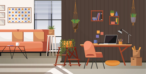 Home office. Interior vector illustration. Work from home. Coming home after long day at office Work and home life Furniture in office carefully chosen for functionality and style Working from home