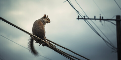 A squirrel darting across a power line, minimalist style, strong contrast, desaturated colors, urban solitude - Powered by Adobe
