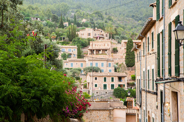 View of a medieval street in the Old Town of the picturesque Spanish-style village Fornalutx, Majorca or Mallorca island