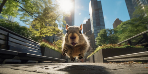 squirrel agilely navigating through the concrete jungle, mid - leap between two park benches, wide...