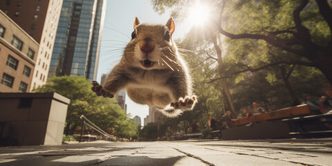 squirrel agilely navigating through the concrete jungle, mid - leap between two park benches, wide - angle shot, buildings in the backdrop