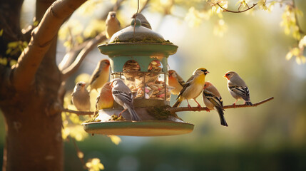city park, a wide variety of birds gathered around a bird feeder hanging from a tree - Powered by Adobe