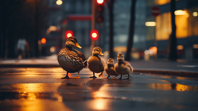 Family of ducks crossing a busy city street, cinematic, warm lighting, urban life meets nature