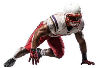 An American football player in a red and white uniform and a helmet at the start before the race. Isolated transparent background. Generative Ai