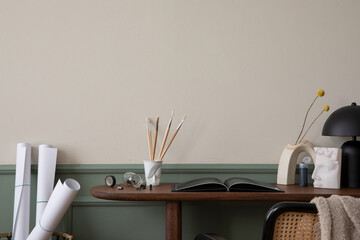 Minimalist composition of cozy office home interior with copy space, wooden consola, rattan...