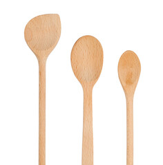 Three wooden spoons of different shapes and sizes, fragment, close-up. Kitchen tools, retro. Transparent background.