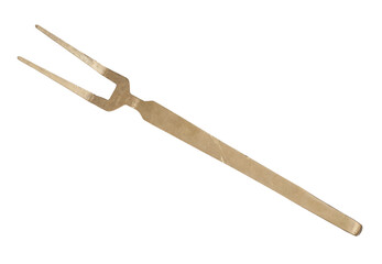Meat fork made of brass. Transparent background.