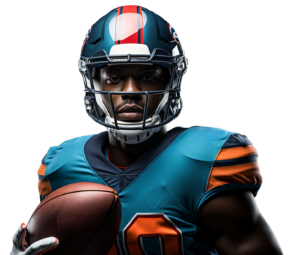 An American football player in a dark green uniform and a helmet stands with a ball in his hands close-up. Isolated transparent background