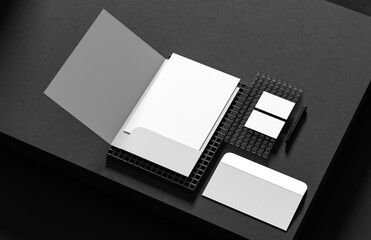 Corporate identity stationery mock up isolated on modern style dark background. Mock up for branding identity. 3D illustration