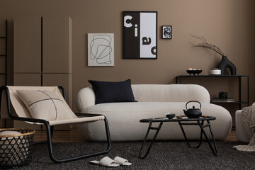 Creative composition of living room interior with mock up poster frame, beige sofa, wooden coffee table, pillows, black rack, stylish armchair and personal accessories. Home decor. Template.
