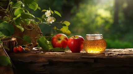 Apple and honey on wood table, Forest background, Generative AI