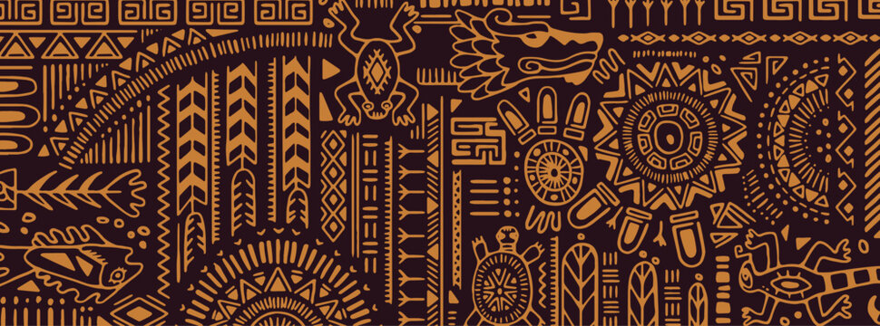 Ethnic symbols, ancient tribal elements, shapes pattern. Aztec, Mexican, Maya ornaments, horizontal background design in boho style. Abstract Inca, Peruvian decoration. Hand-drawn vector illustration