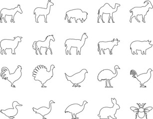 Farm Animals and Livestock Icons Set. Horse, Sheep, Goat, Rabbit. Editable Stroke. Simple Icons Vector Collection