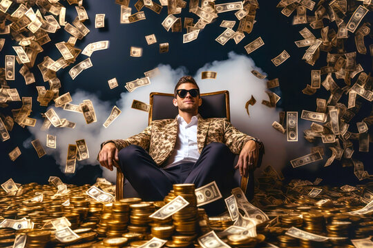 Conceptual portrait of a smiling successful handsome young man sitting relaxing carelessly, airily and light-heartedly enjoying his success surrounded by his gold  and money. Generative AI