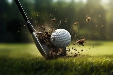 Foto op Plexiglas a close-up of a golf club hitting a golf ball at the moment of impact background © JetHuynh
