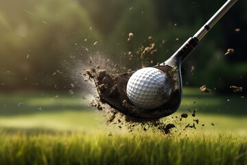 a close-up of a golf club hitting a golf ball at the moment of impact background - obrazy, fototapety, plakaty