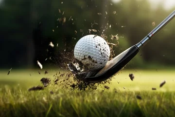Fototapeten a close-up of a golf club hitting a golf ball at the moment of impact background © JetHuynh