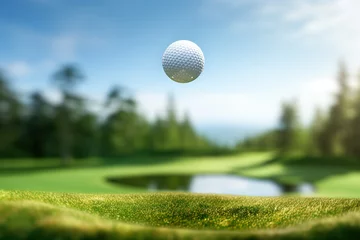 Gordijnen white golf ball soaring through the air towards the distant hole on the green background © JetHuynh