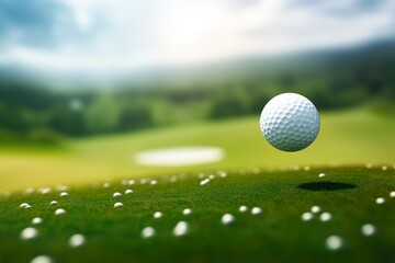 white golf ball soaring through the air towards the distant hole on the green background
