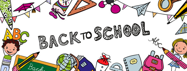 Back to school -cute boys and girls with rulers, pencils, brushes and ABC - excited to go back to school - colorful hand-drawn cartoon. Suitable for banner or greeting card.