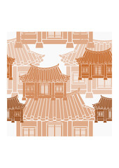 Editable Vector Illustration of Front View Traditional Hanok Korean House Building as Seamless Pattern for Creating Background and Decorative Element of Oriental History and Culture Related Design