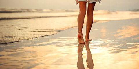 Closeup of woman feet walking on sand beach during a golden hour sunset. Travel and relaxing in summer - Powered by Adobe