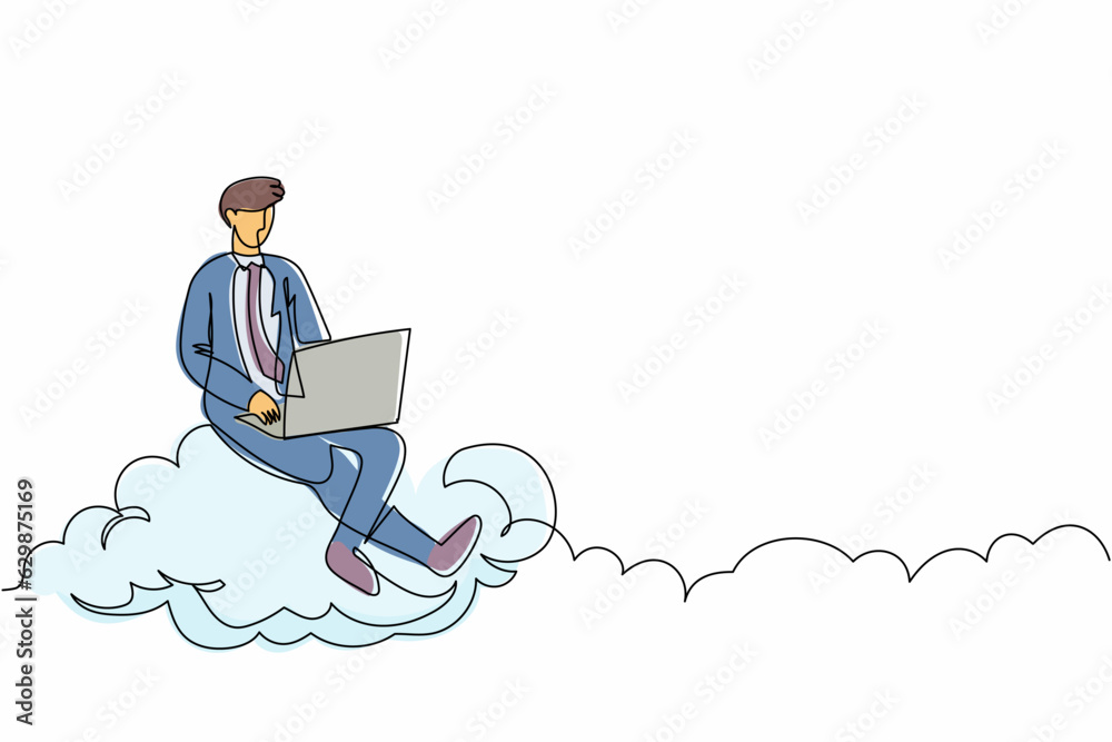 Poster single continuous line drawing businessman sitting on cloud in sky and working with laptop. wireless