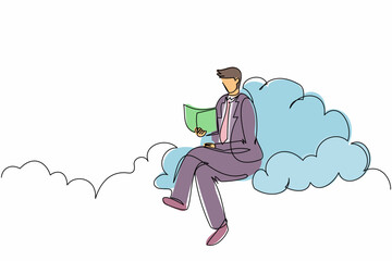 Continuous one line drawing smart businessman sitting on cloud reading book. Higher education to pursuit career growth. Office worker study literature. Single line design vector graphic illustration