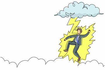 Continuous one line drawing unhappy businessman struck by lightning or thunder from dark cloud. Bad luck, misery, unlucky, disaster, risk, danger. Single line draw design vector graphic illustration