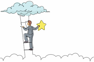 Single one line drawing active businessman climbing ladder or stairs and reaching star on sky. Goals and dreams. Business, career, achievement. Continuous line draw design graphic vector illustration
