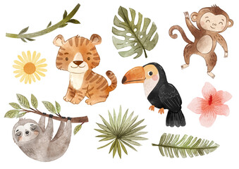 Cute jungle animals and plants collection. Watercolor hand drawn liana, monstera, tiger, monkey, toucan, sloth. Isolated tropical forest elements for posters, cards, nursery, apparel, scrapbooking.