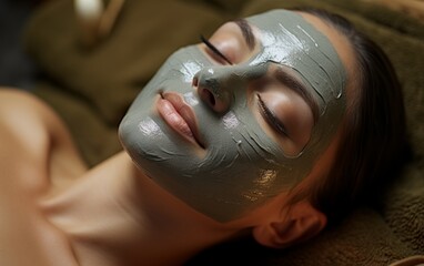 Woman in SPA with facial clay mask. Mud face mask. Skin care