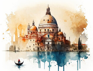 Venice (Italy) watercolor illustration. Basilica di san Marco and Venice lagoon. Travel postcard.