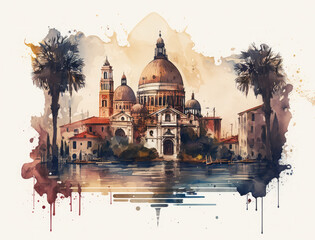 Venice (Italy) watercolor illustration. Basilica di san Marco and Venice lagoon. Travel postcard.