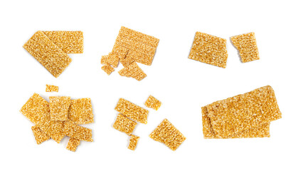 Sesame Snack Isolated, Honey Seed Cracker, Sesame Candy Bar on White Background