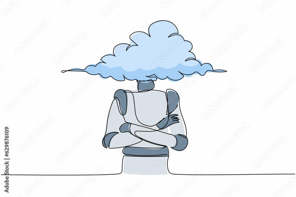 Poster continuous one line drawing robot with empty head and cloud instead. thinking about idea. humanoid r