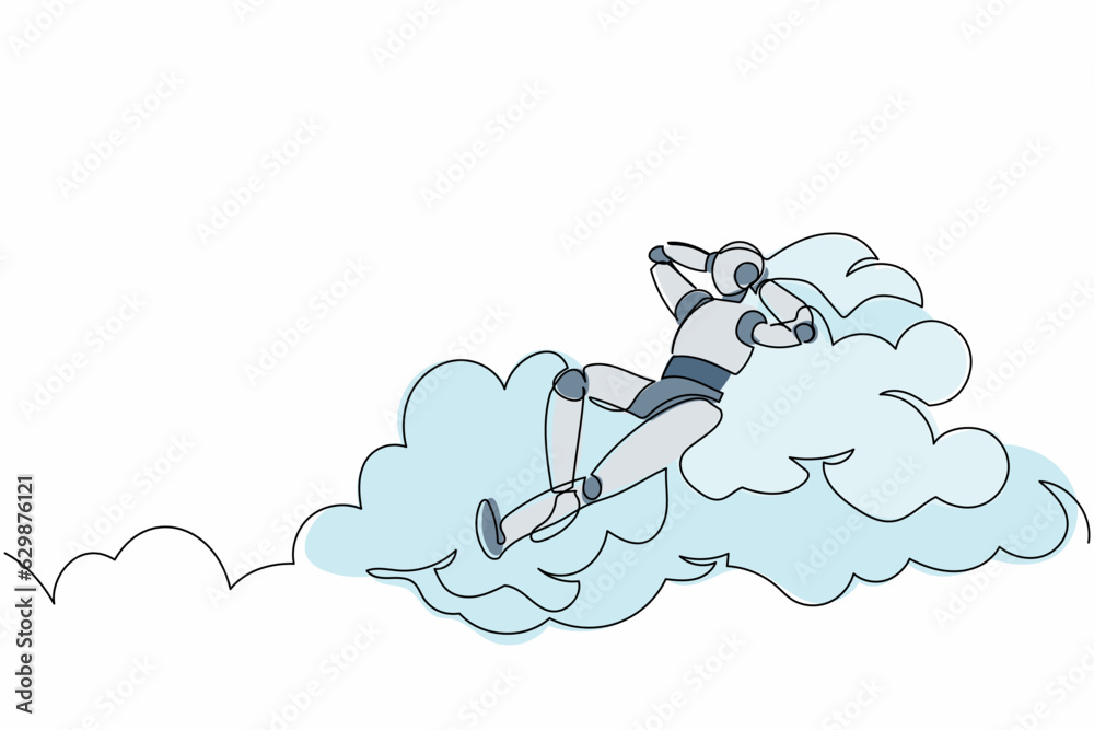 Poster single one line drawing happy robot relaxing laying on clouds. future technology development. artifi