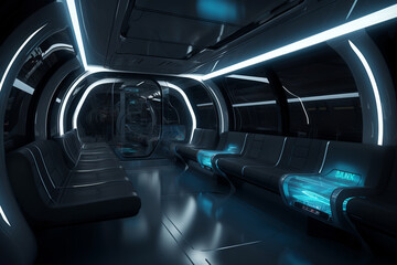 Interior of the salon of futuristic train, metro, subway - the vehicle of the future concept