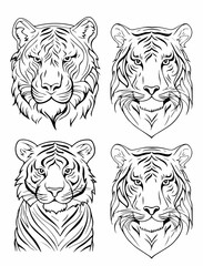 4 heads tiger illustrations for coloring