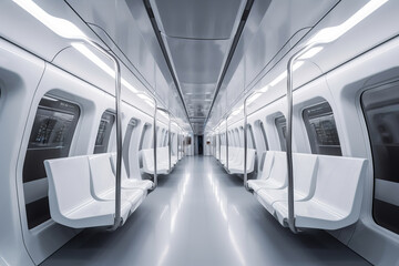 Interior of the salon of futuristic sci-fi train, transport of the future in modern style