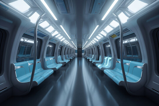 Interior of the salon of futuristic sci-fi train, transport of the future in modern style